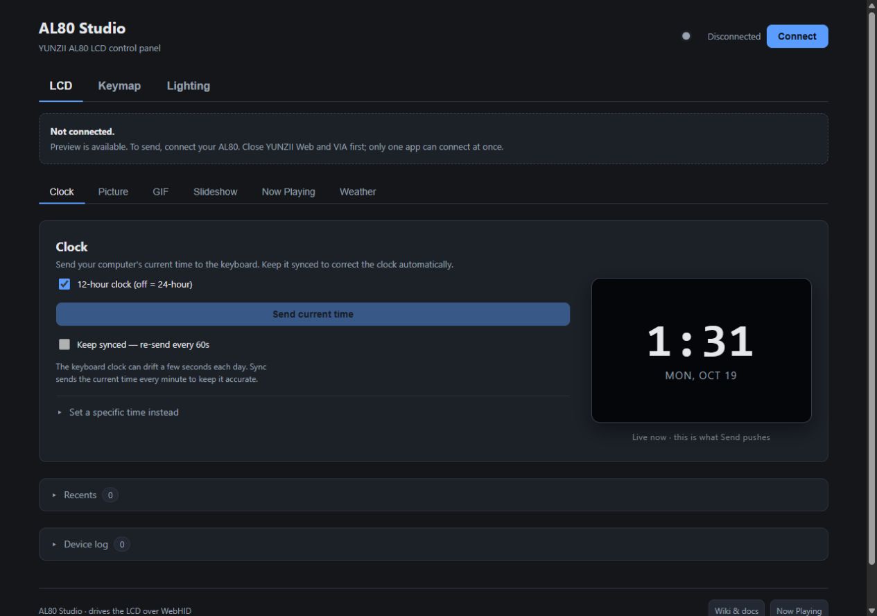 AL80 Studio showing the clock controls and time preview, with a Disconnected status and disabled Send button.