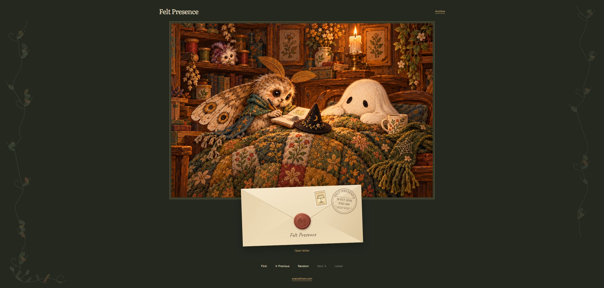 The public Felt Presence reader with a shop illustration, dated envelope, Open letter control, and archive navigation.