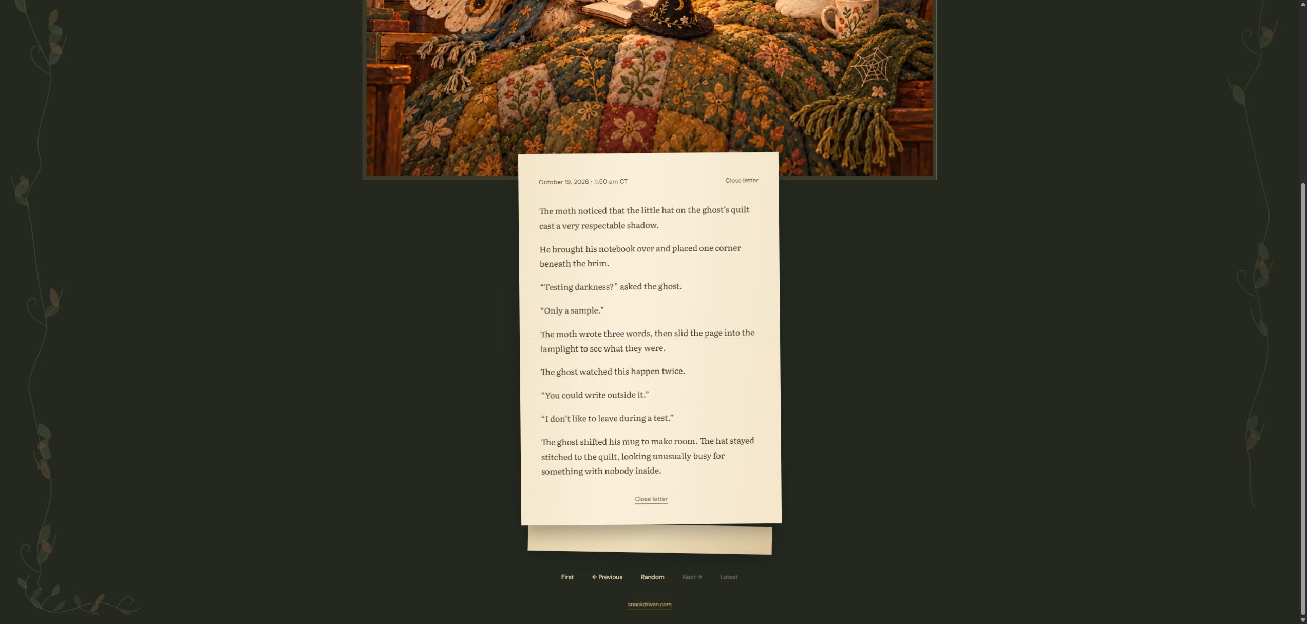 An opened Felt Presence letter with readable story text, a Close letter button, and story navigation.