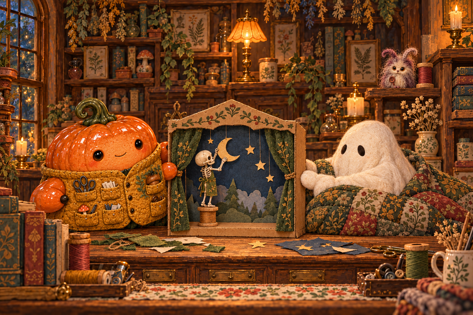 In the craft shop, a ceramic pumpkin in a six-pocket mustard waistcoat holds a green curtain while a ghost under a patchwork quilt steadies a cardboard puppet theatre. A miniature skeleton hangs a paper moon, and a tiny mote watches from a rear shelf.